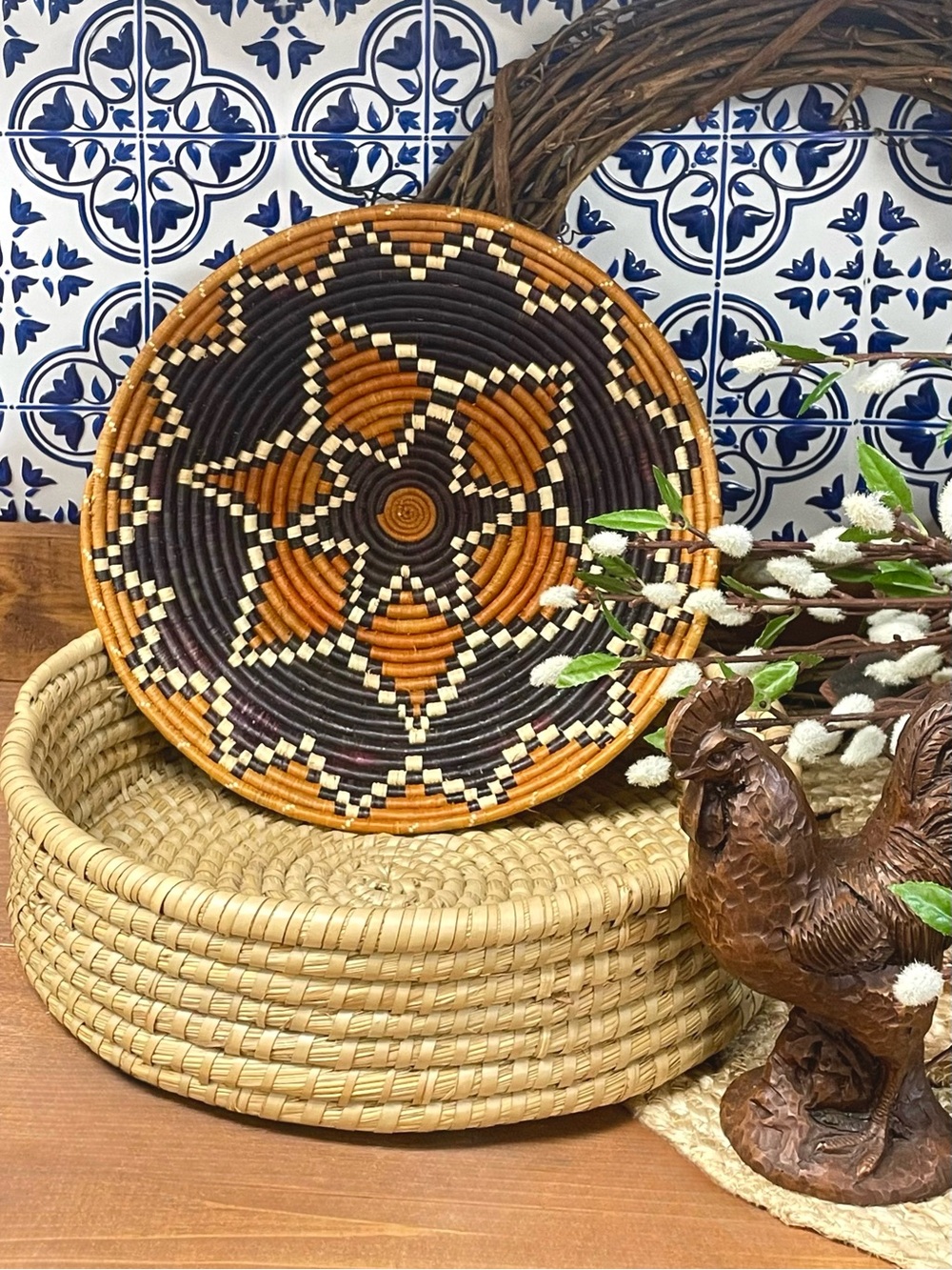 Vtg Handwoven Basket Bundle of 2 Sweetgrass Geometric Star Folk Art Boho Deco